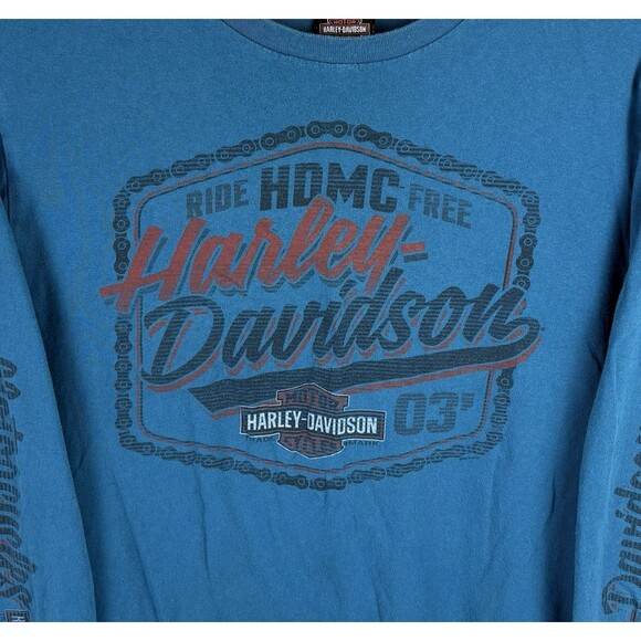 Y2K Harley Davidson Graphic T-Shirt / Long Sleeve / Blue / Size Large / Ohio - Picture 2 of 7